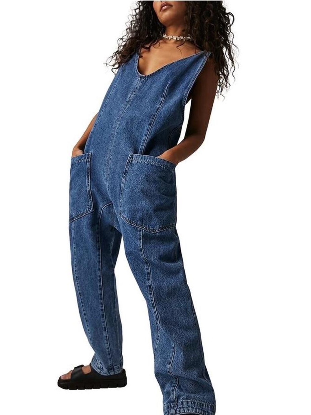 Free People High Roller Denim Jumpsuit M